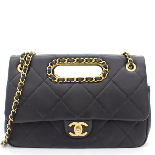Chanel Black Quilted Smooth Calfskin Leather Jumbo Chain Detail Handle Flap Bag