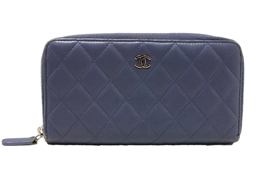 Chanel Blue Quilted Lambskin Leather Zippy Wallet