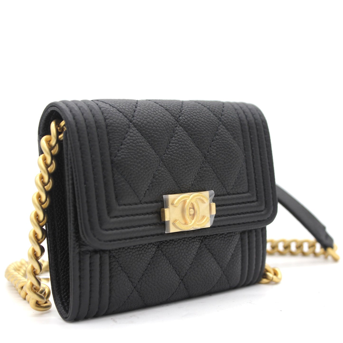 Chanel Black Caviar Leather Boy Card Holder with Chain