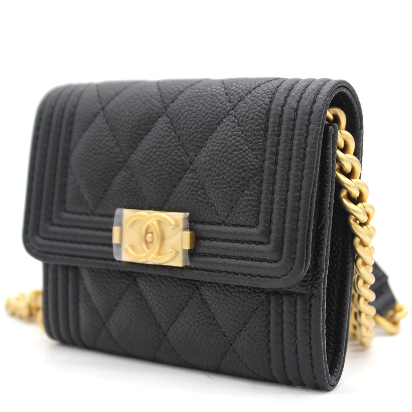 Chanel Black Caviar Leather Boy Card Holder with Chain