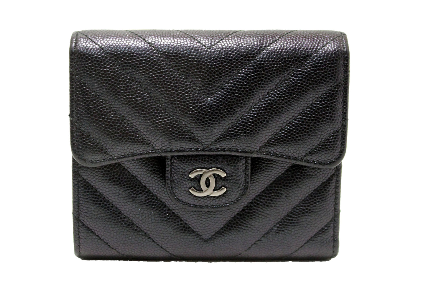 Chanel Black Iridescent Caviar Chevron Quilted Compact Flap Wallet