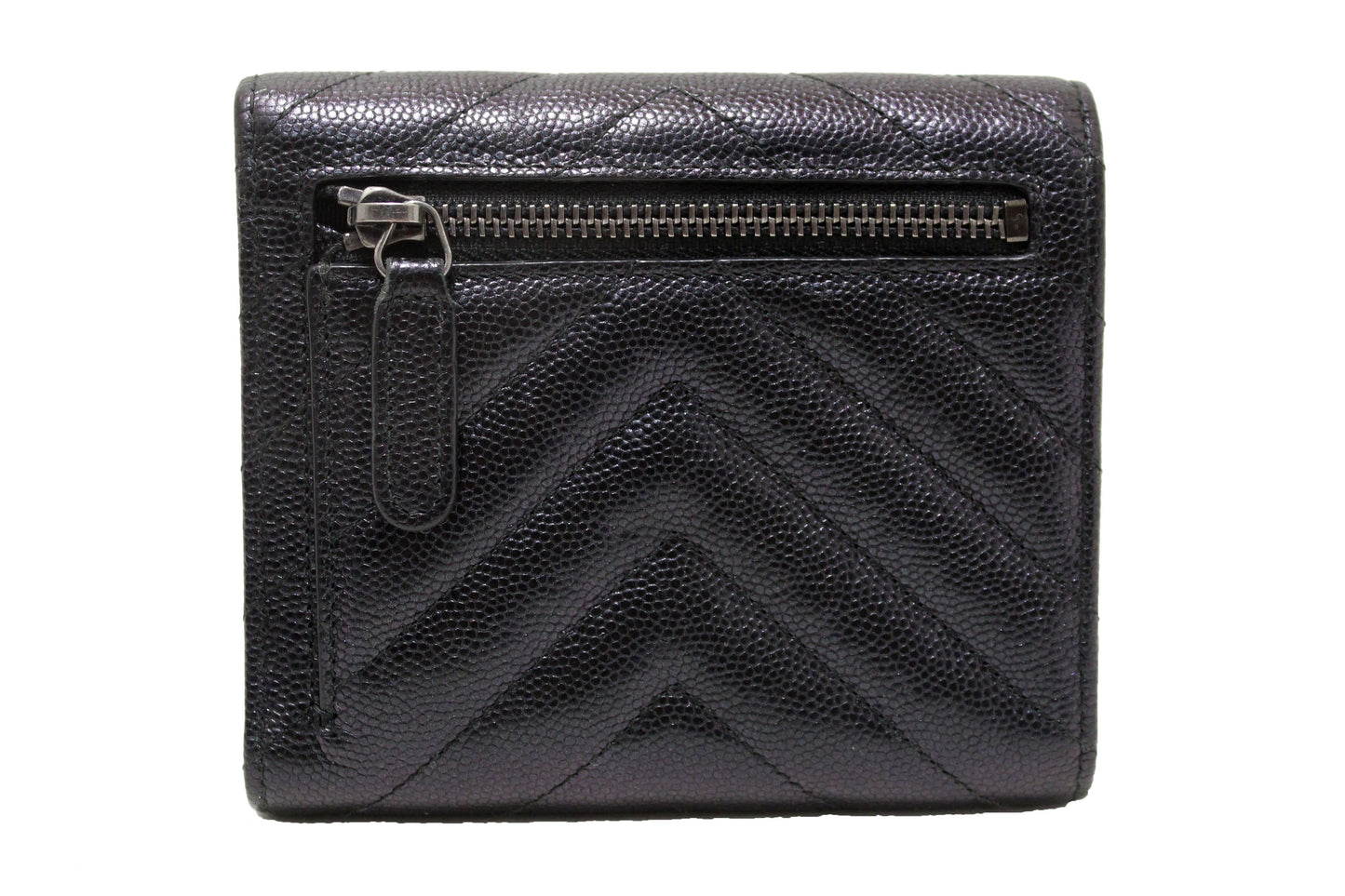 Chanel Black Iridescent Caviar Chevron Quilted Compact Flap Wallet