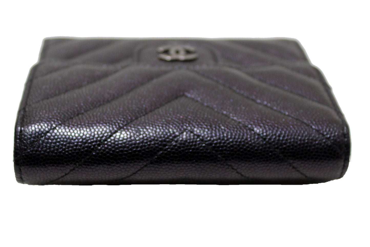 Chanel Black Iridescent Caviar Chevron Quilted Compact Flap Wallet