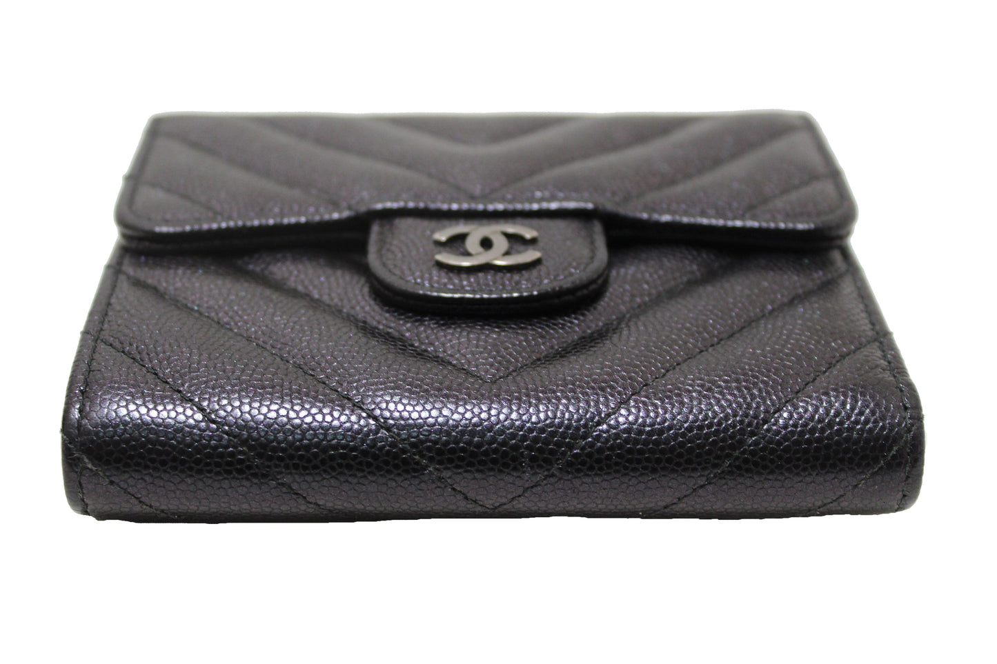 Chanel Black Iridescent Caviar Chevron Quilted Compact Flap Wallet