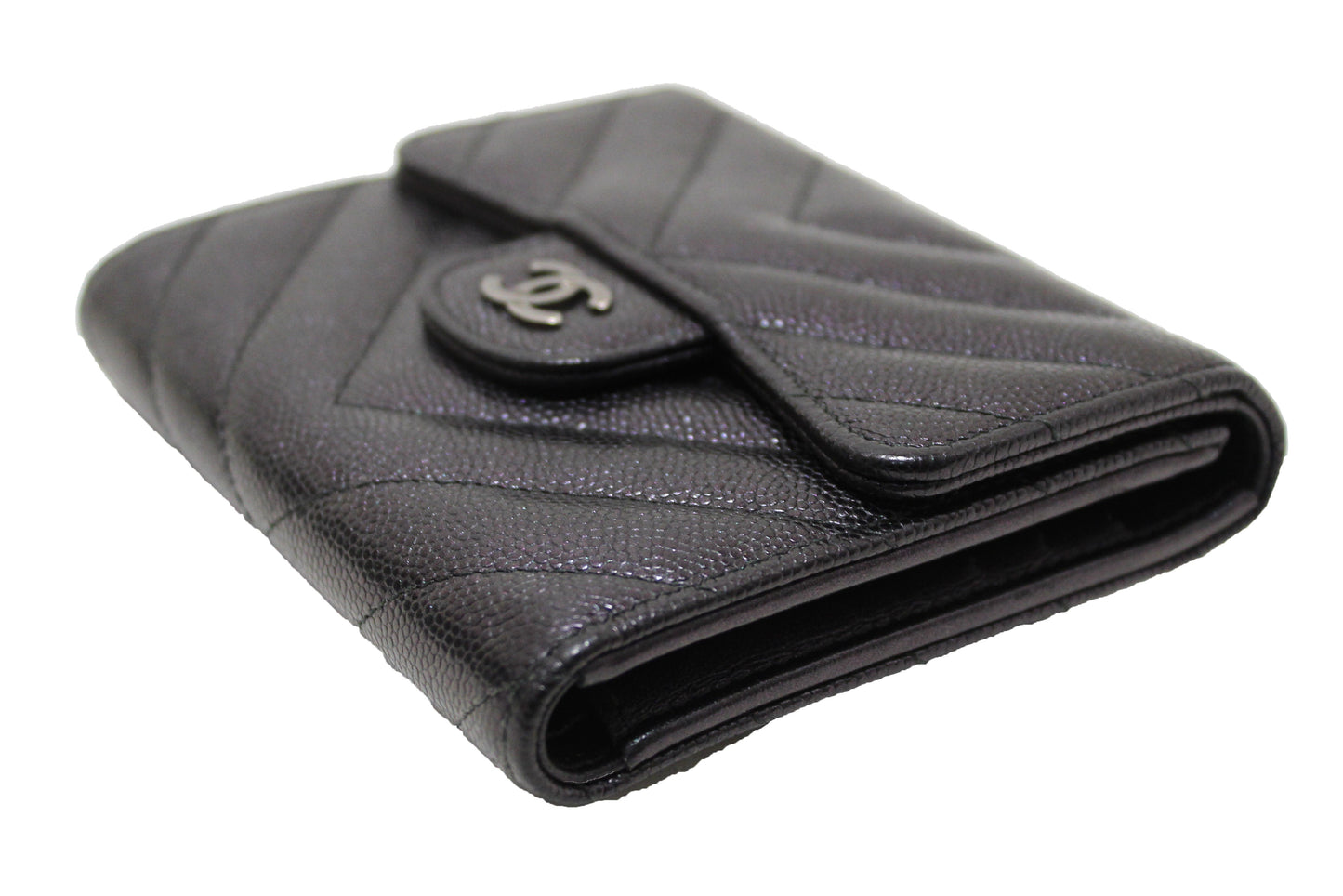 Chanel Black Iridescent Caviar Chevron Quilted Compact Flap Wallet