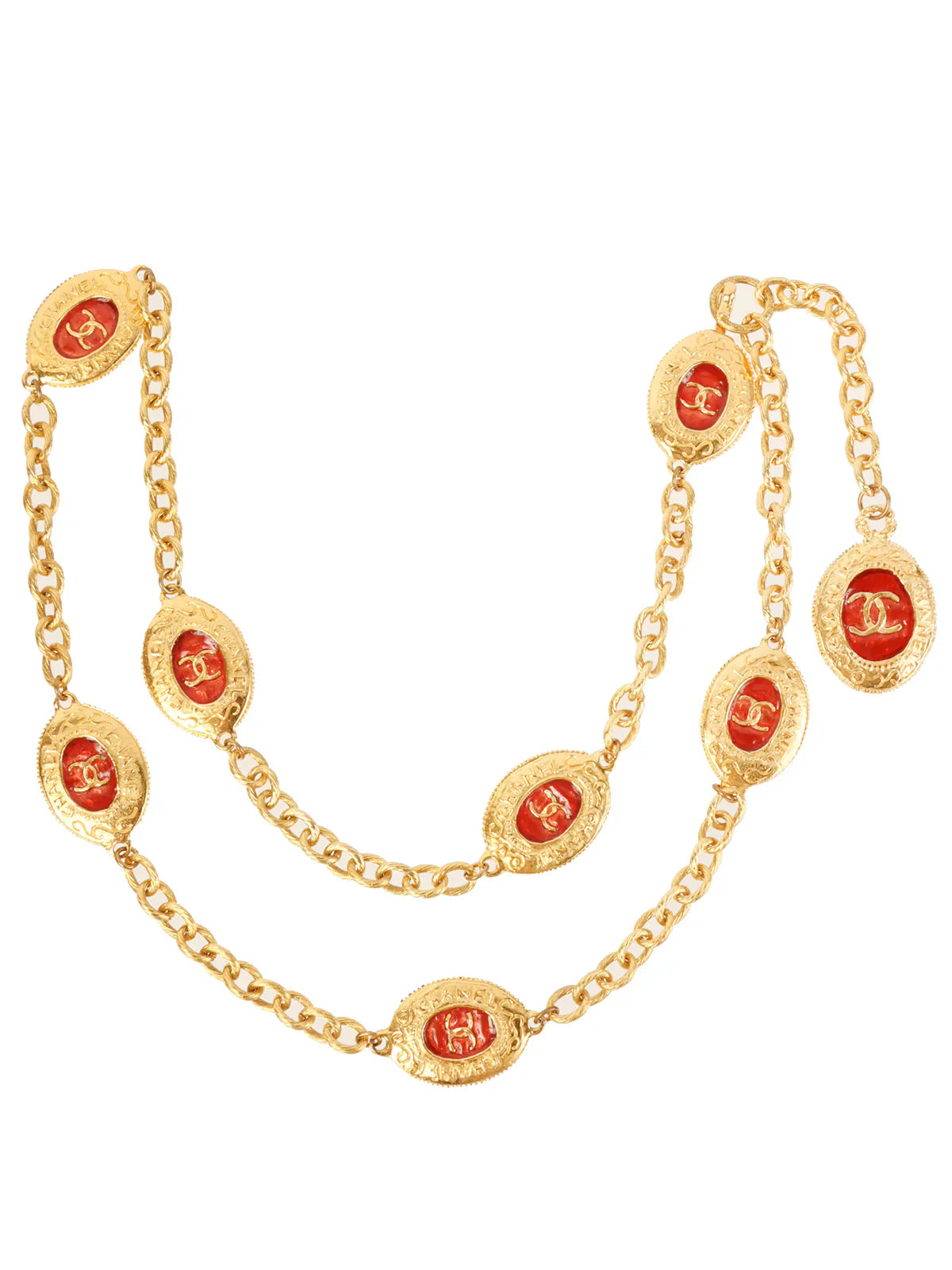 Top Quality Chanel Oval Cc Mark Plate Chain Belt Gold/Red
