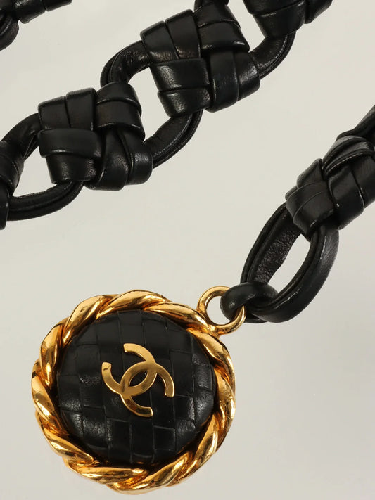 CHANEL 1994 Made Edge Chain Cc Mark Charm Leather Belt Black/Gold