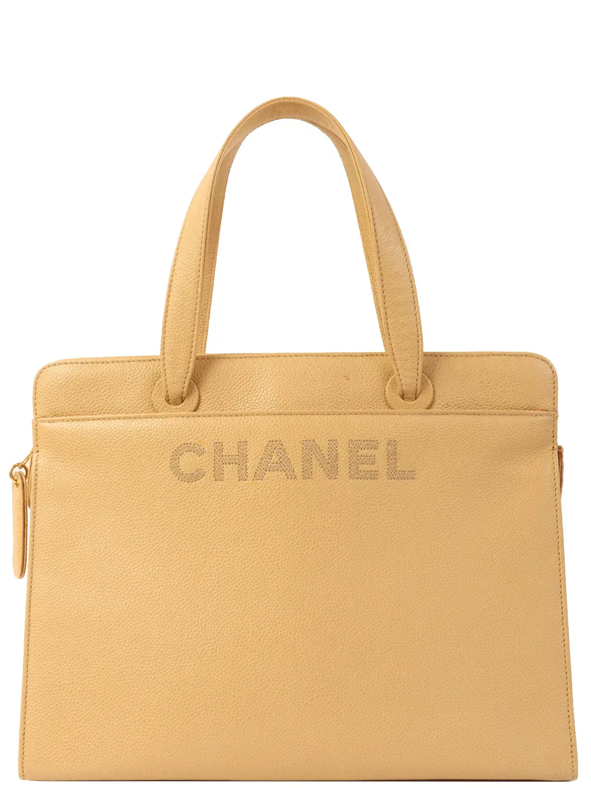CHANEL Around 1998 Made Caviar Skin Logo Embroidered Tote Bag Beige