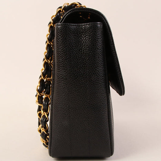 Chanel Around 1995 Made Caviar Skin Mademoiselle Stitch Turn-Lock Chain Bag Black