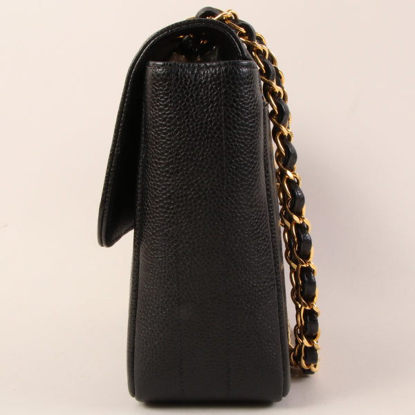 Chanel Around 1995 Made Caviar Skin Mademoiselle Stitch Turn-Lock Chain Bag Black