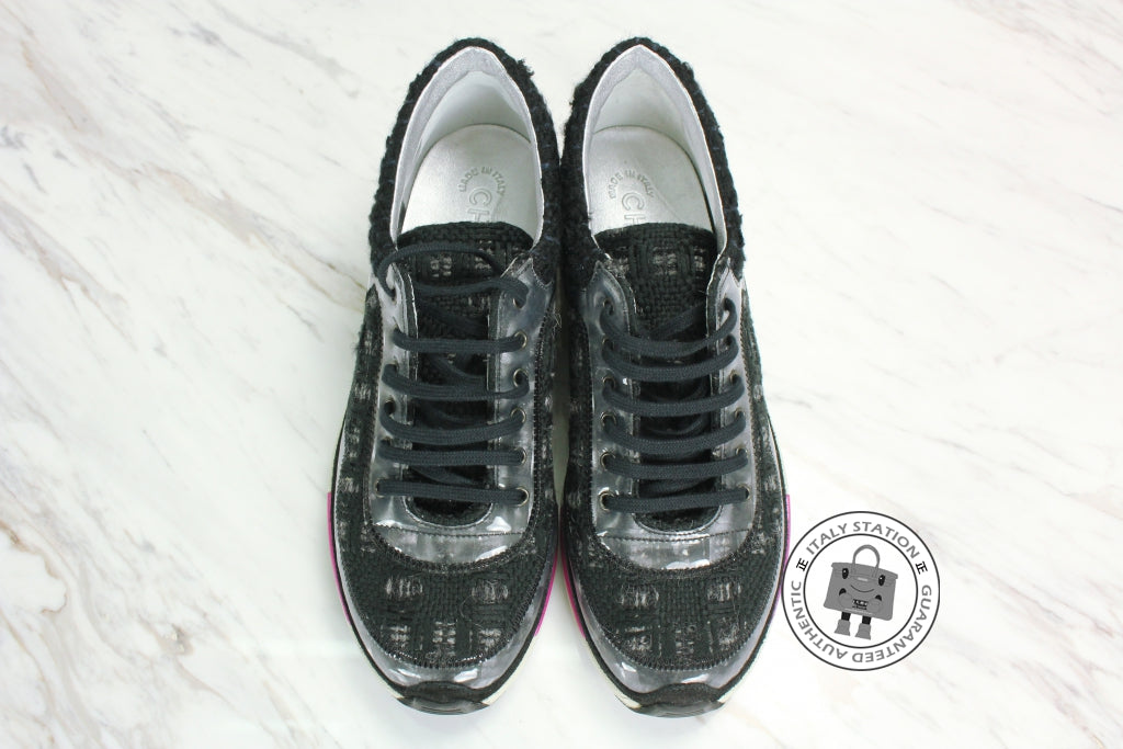 Chanel G30442  Tweed W metallic Trims Charoal Grey Fabric 38.5 Sneakers