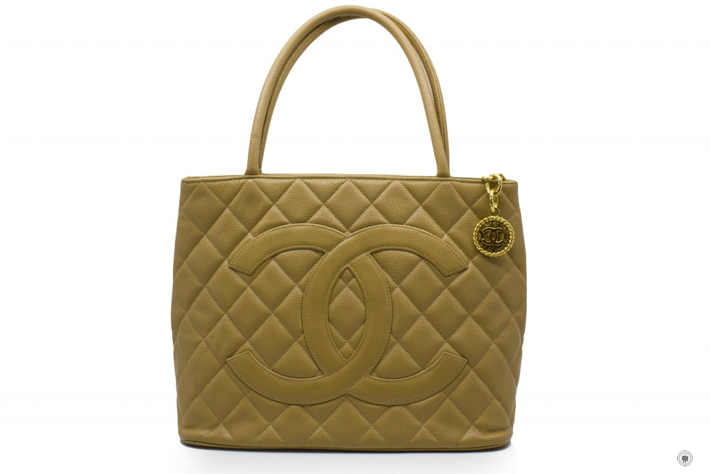 Chanel A Classic CC Medallion Beige Caviar Tote Bag Ghw