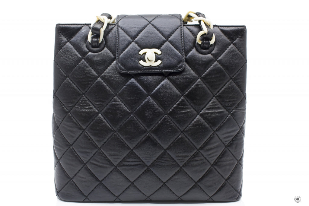 Chanel Vintage With Resin Woven Chain And Lock Black Lambskin Tote Bag