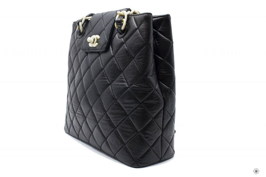 Chanel Vintage With Resin Woven Chain And Lock Black Lambskin Tote Bag
