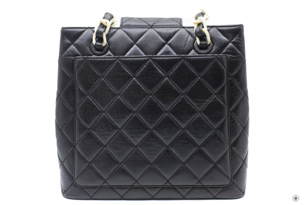 Chanel Vintage With Resin Woven Chain And Lock Black Lambskin Tote Bag