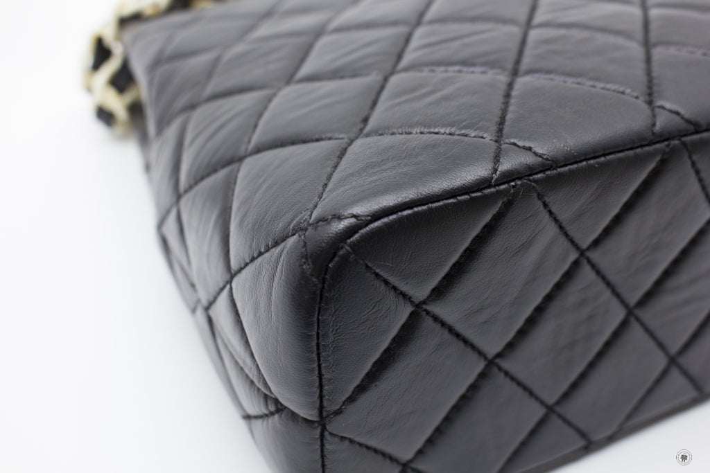 Chanel Vintage With Resin Woven Chain And Lock Black Lambskin Tote Bag