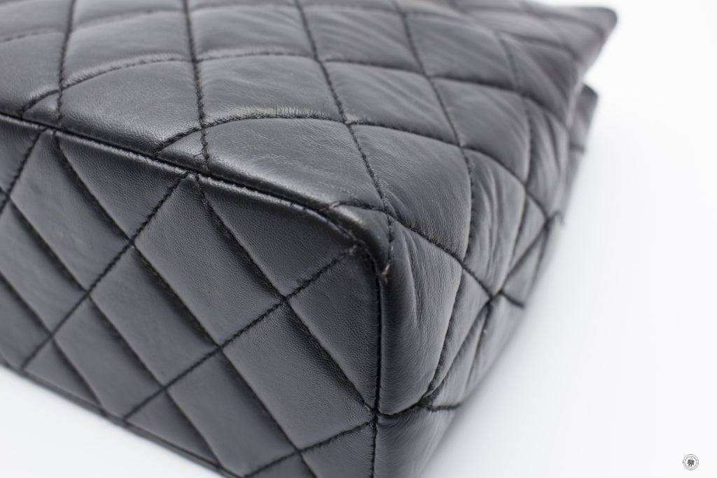 Chanel Vintage With Resin Woven Chain And Lock Black Lambskin Tote Bag