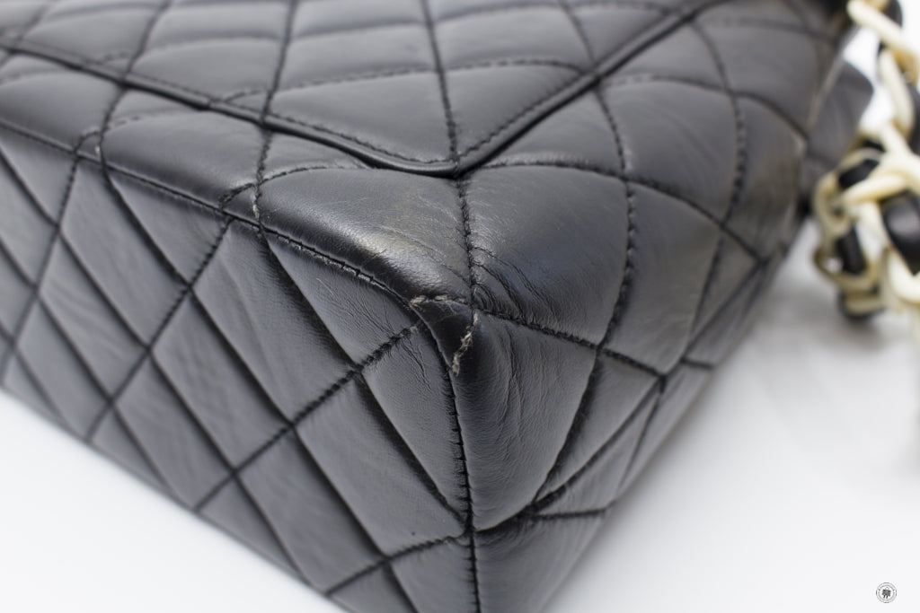 Chanel Vintage With Resin Woven Chain And Lock Black Lambskin Tote Bag