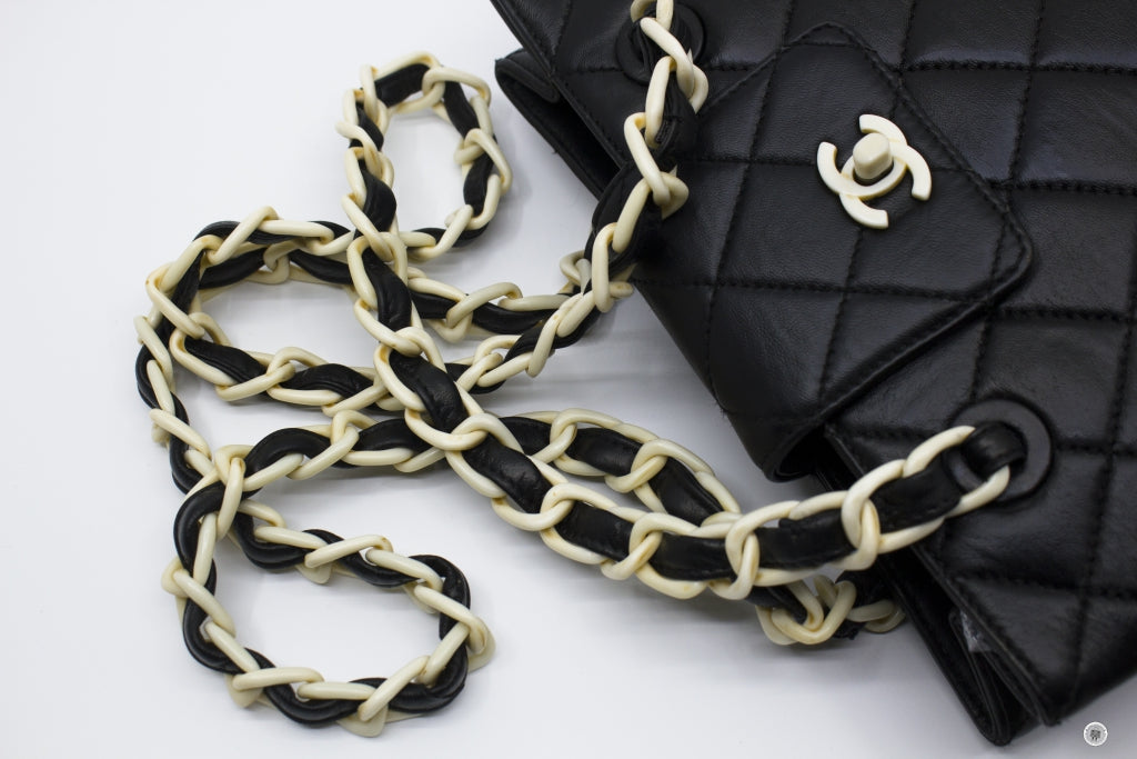 Chanel Vintage With Resin Woven Chain And Lock Black Lambskin Tote Bag