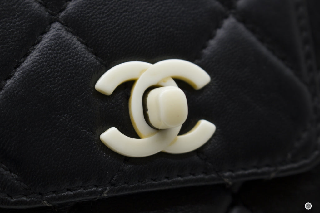 Chanel Vintage With Resin Woven Chain And Lock Black Lambskin Tote Bag