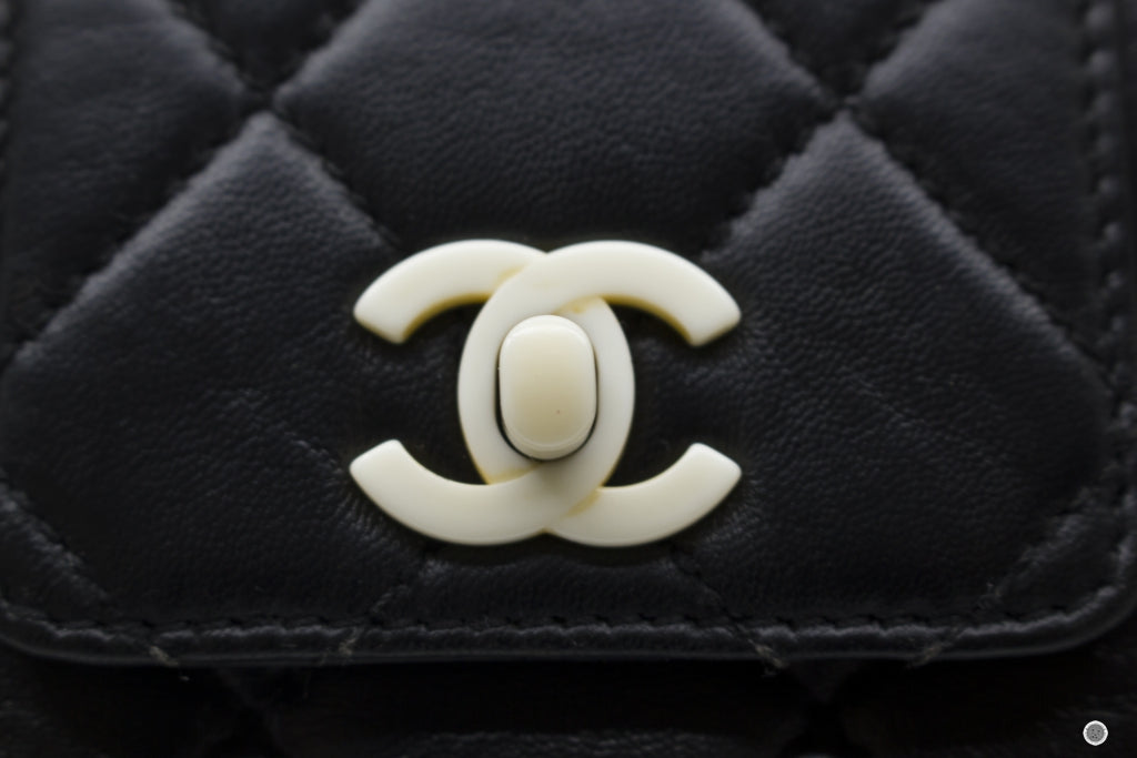 Chanel Vintage With Resin Woven Chain And Lock Black Lambskin Tote Bag