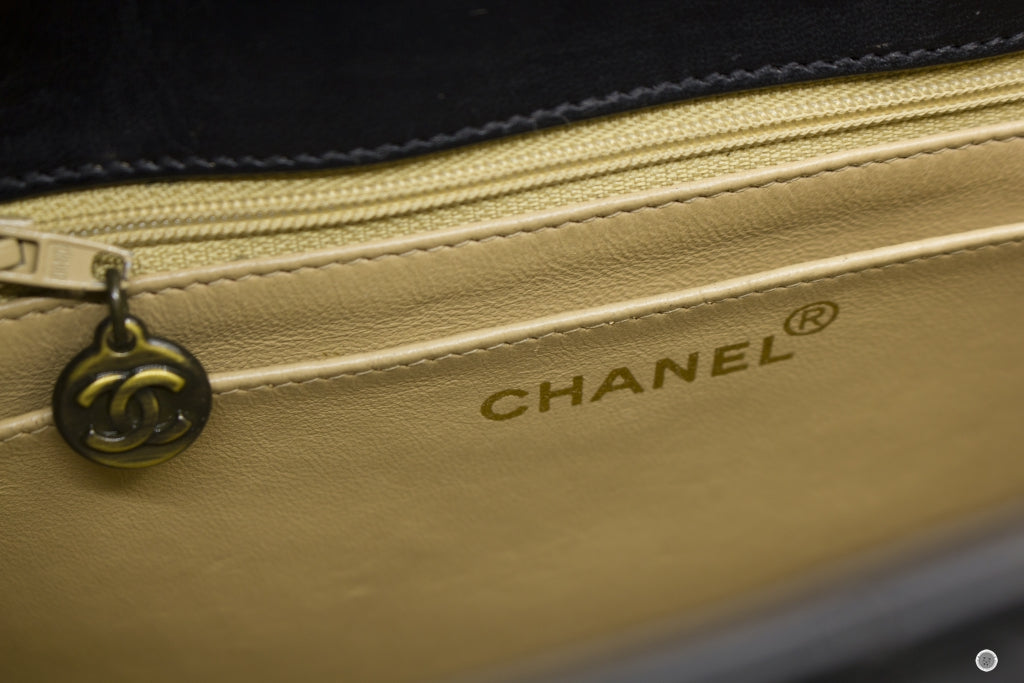 Chanel Vintage With Resin Woven Chain And Lock Black Lambskin Tote Bag