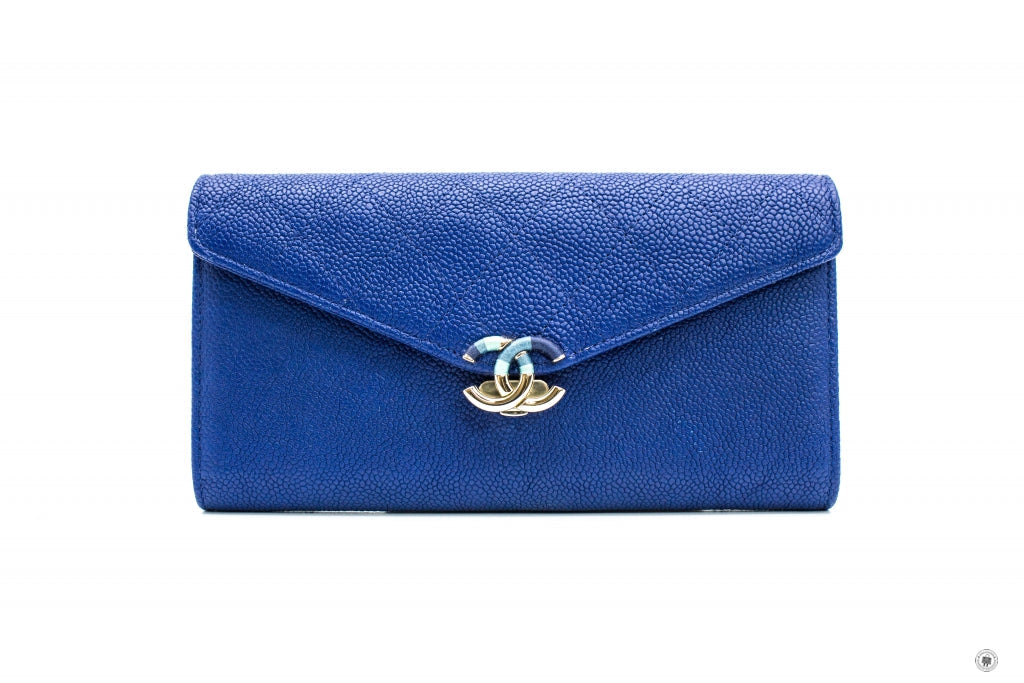 Chanel A84409Y61153 CC Logo  Blue Calfskin Long Wallet Ghw