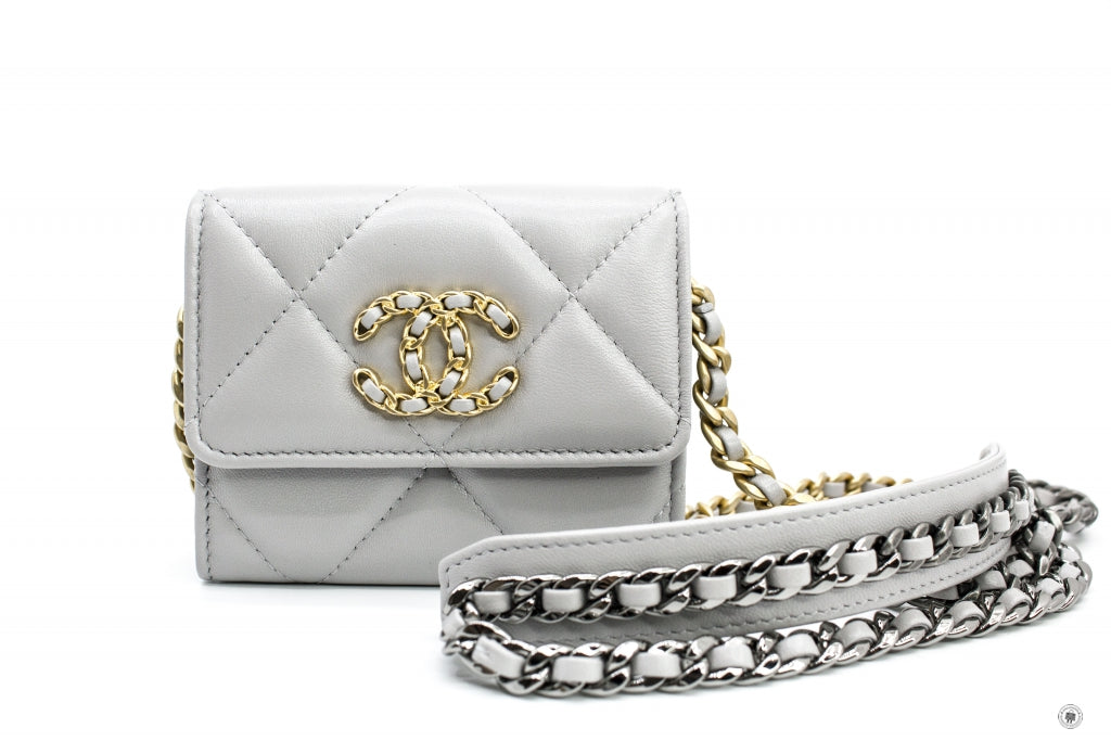 Chanel AP1787B04852 19 Flap Coin Purse With Two Tones Gold And Gunmeta Light Grey   NC634 Lambskin Short Wallet Gbhw