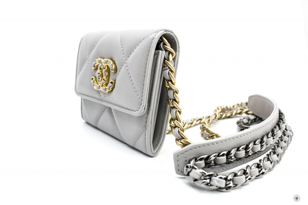 Chanel AP1787B04852 19 Flap Coin Purse With Two Tones Gold And Gunmeta Light Grey   NC634 Lambskin Short Wallet Gbhw