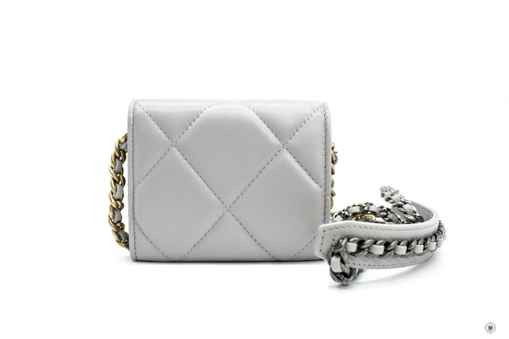 Chanel AP1787B04852 19 Flap Coin Purse With Two Tones Gold And Gunmeta Light Grey   NC634 Lambskin Short Wallet Gbhw