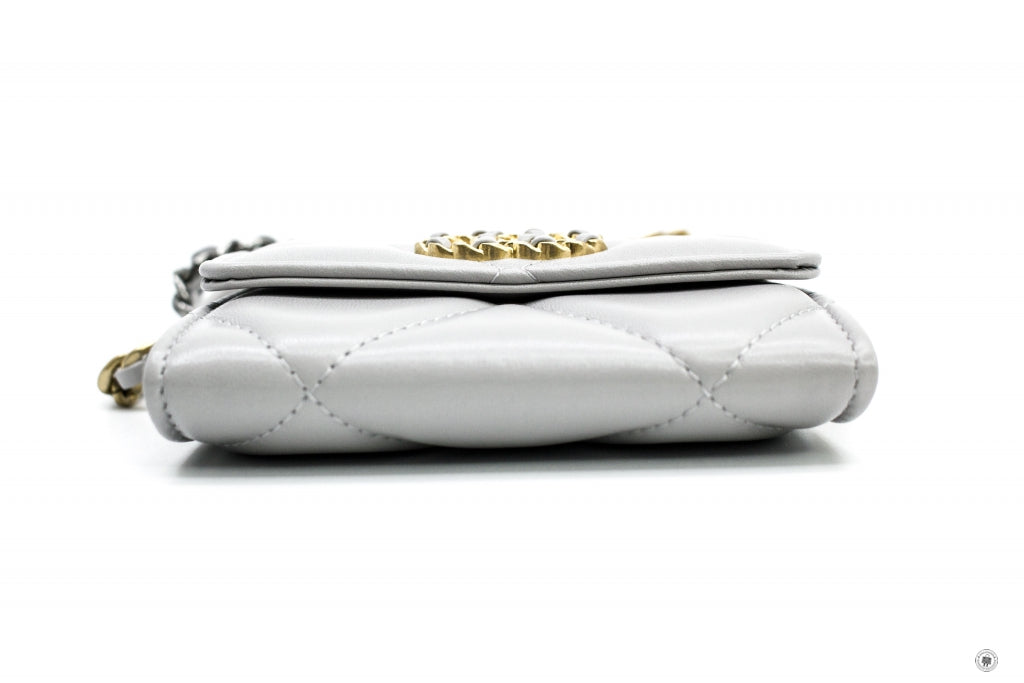 Chanel AP1787B04852 19 Flap Coin Purse With Two Tones Gold And Gunmeta Light Grey   NC634 Lambskin Short Wallet Gbhw