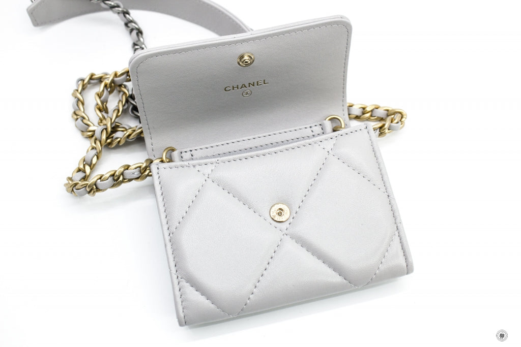 Chanel AP1787B04852 19 Flap Coin Purse With Two Tones Gold And Gunmeta Light Grey   NC634 Lambskin Short Wallet Gbhw