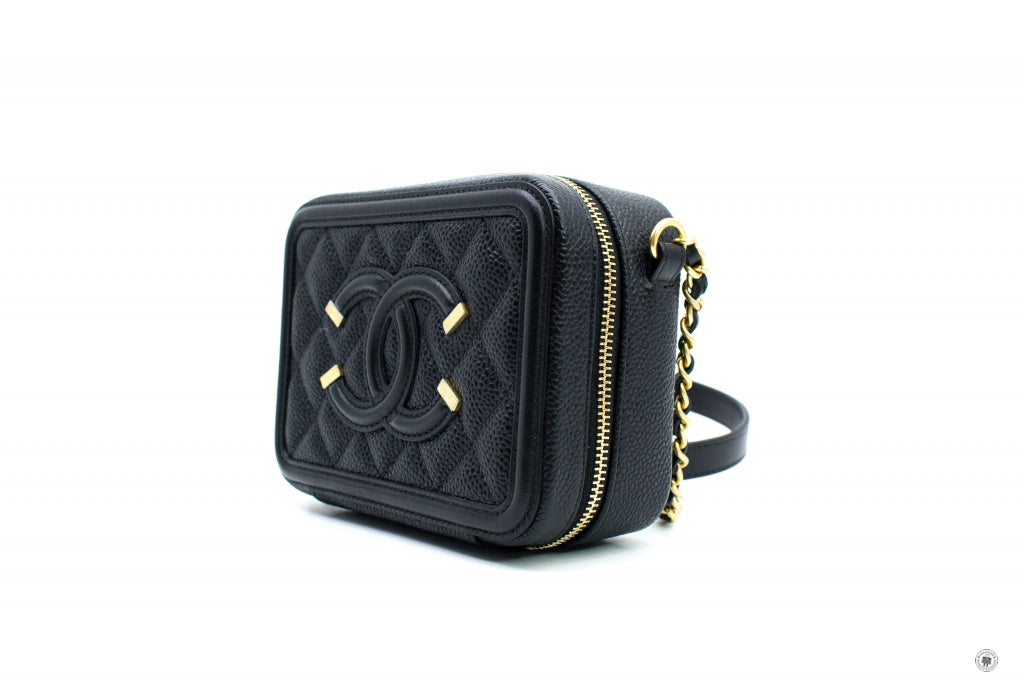 Chanel A Y CC Filigree Vanity Clutch With Chain Black /  Caviar Shoulder Bags Ghw
