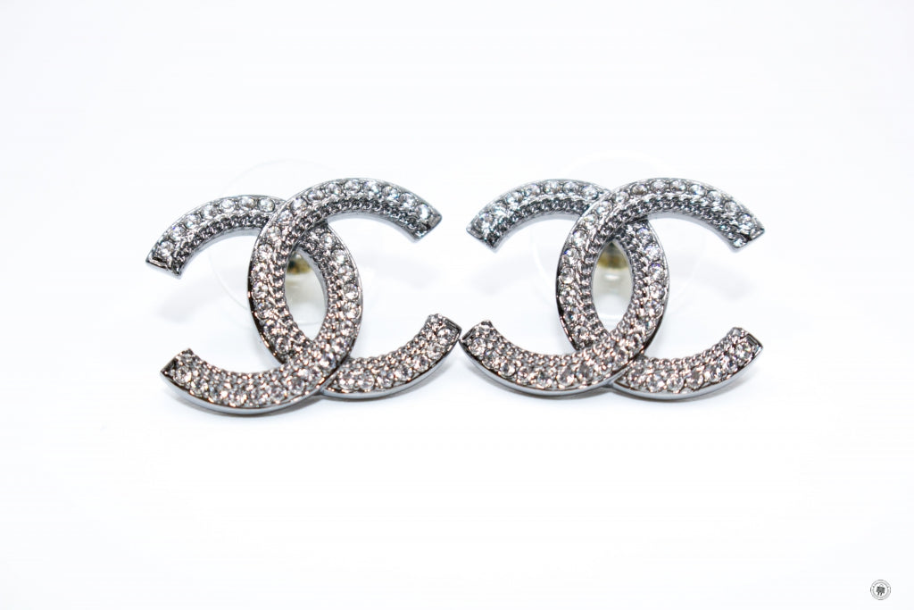 Chanel AB B CC Logo With Crystals  Gunmetal Metal CMX.CM Earrings Bkhw