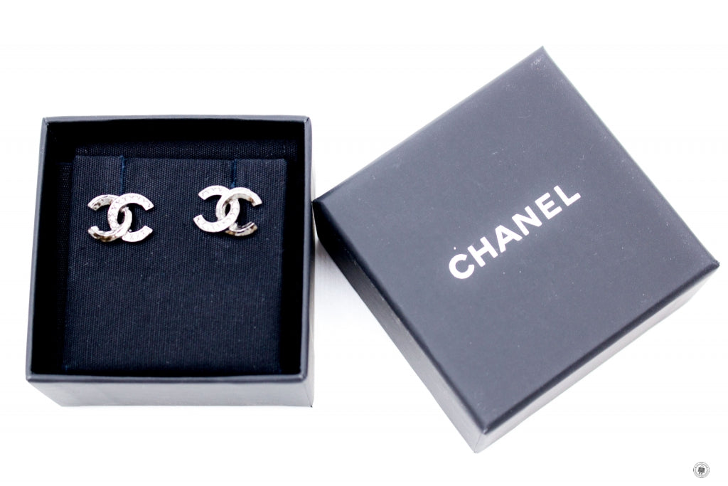 Chanel AB B CC Logo With Crystals  Gunmetal / NF Metal Earrings Bkhw