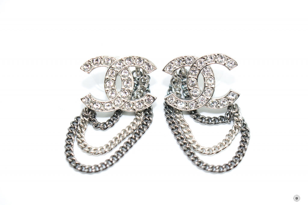 Chanel ABB CC Logo With Cyrstal And Chains Silver / NF Metal .CMX.CM Earrings Shw
