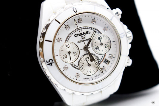 Chanel H J Chronograph Watch MM Diamond Indicators  White Stainless Steel Watches