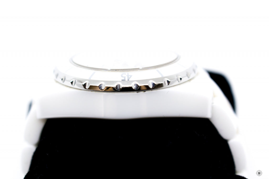 Chanel H J Chronograph Watch MM Diamond Indicators  White Stainless Steel Watches