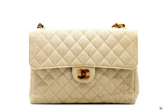 Chanel Linen Canvas Flap Bag With Tortoise Chain And CC L Natural  Canvas Shoulder Bags