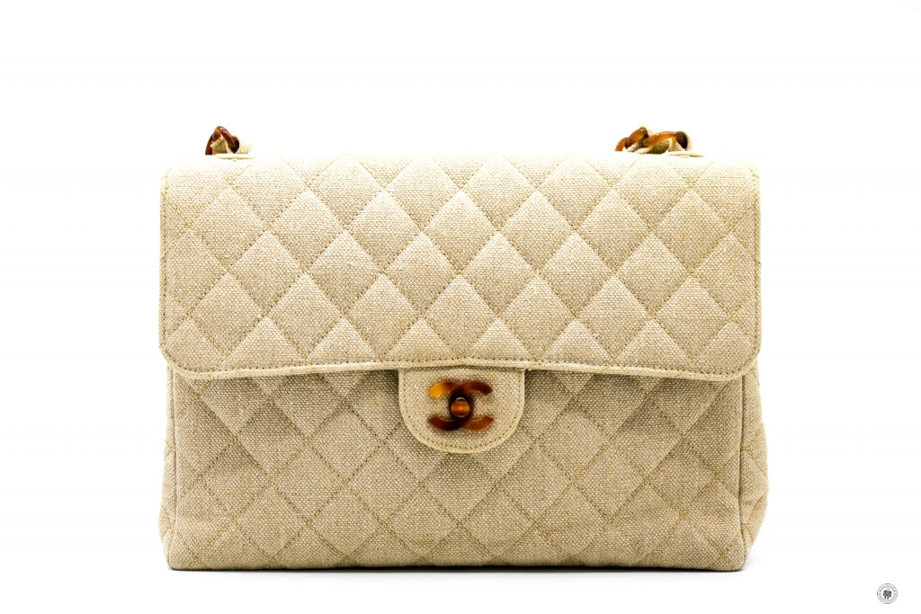Chanel Linen Canvas Flap Bag With Tortoise Chain And CC L Natural  Canvas Shoulder Bags