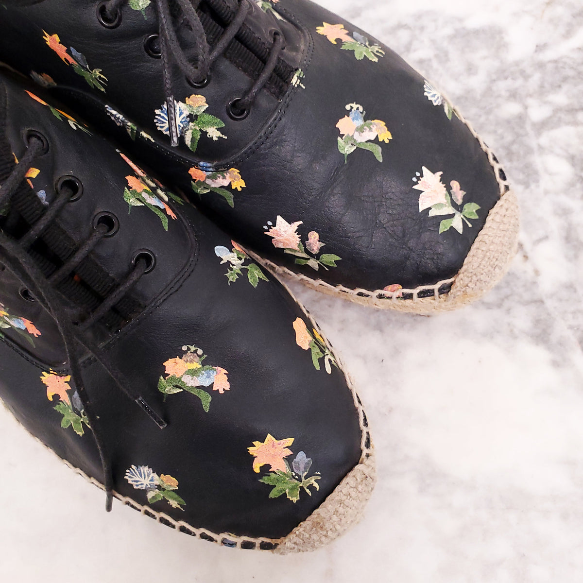 ISABEL MARANT BLACK FLORAL LEATHER ESPADRILLES - SIZE 40