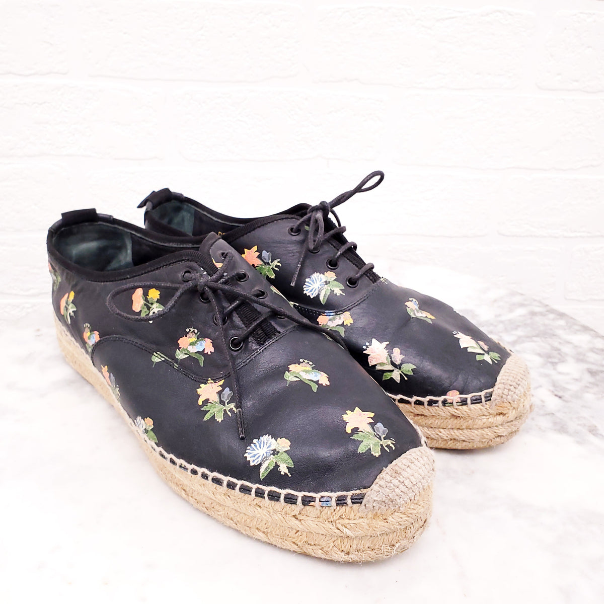 ISABEL MARANT BLACK FLORAL LEATHER ESPADRILLES - SIZE 40