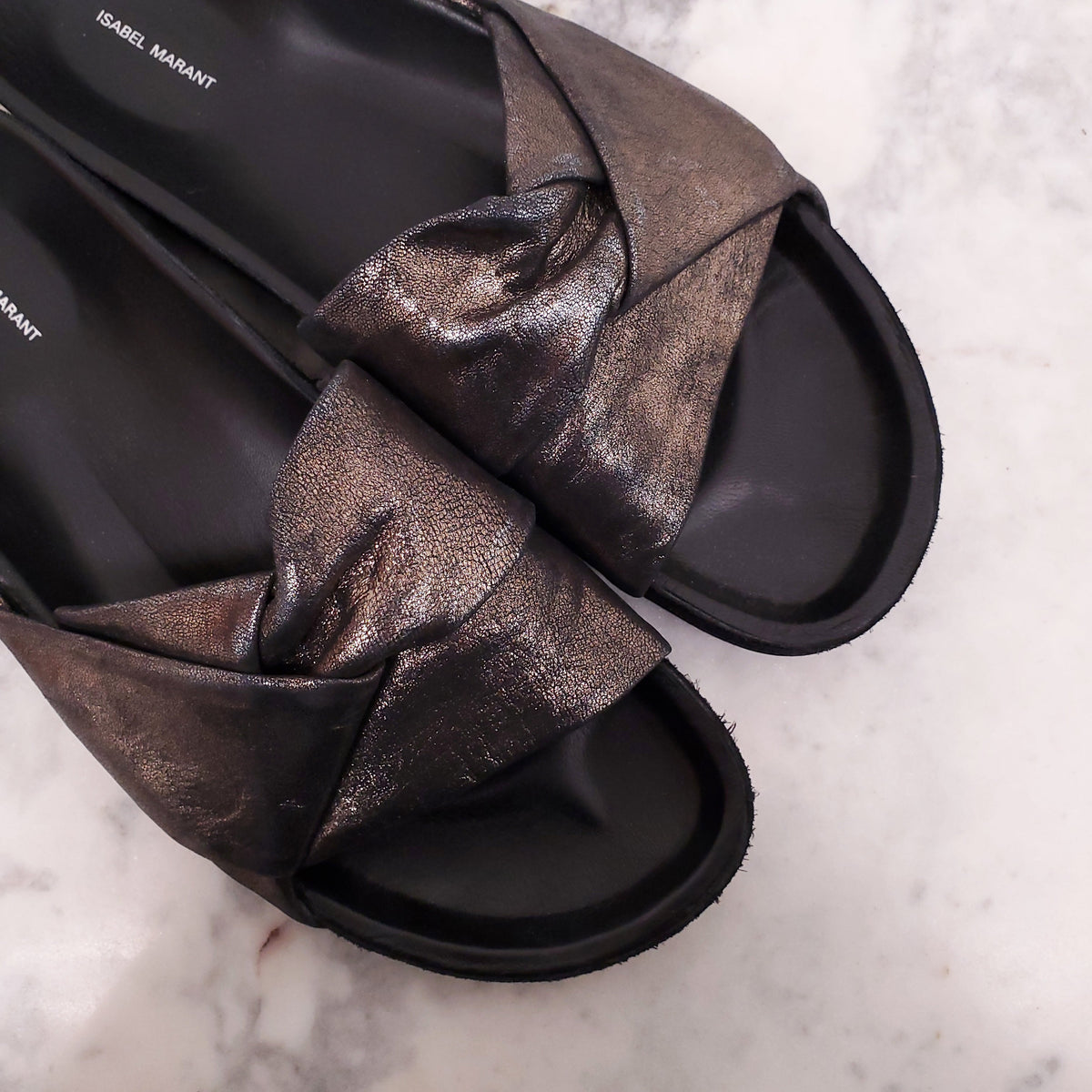 ISABEL MARANT METALLIC GOLD LEATHER SLIDES - SIZE 39