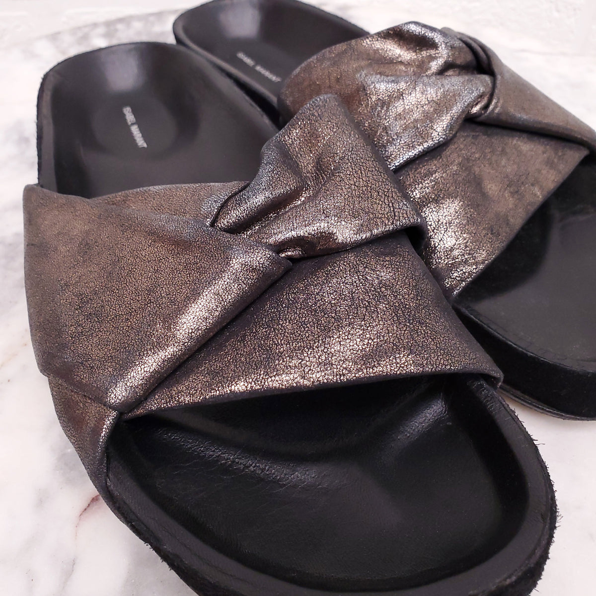 ISABEL MARANT METALLIC GOLD LEATHER SLIDES - SIZE 39
