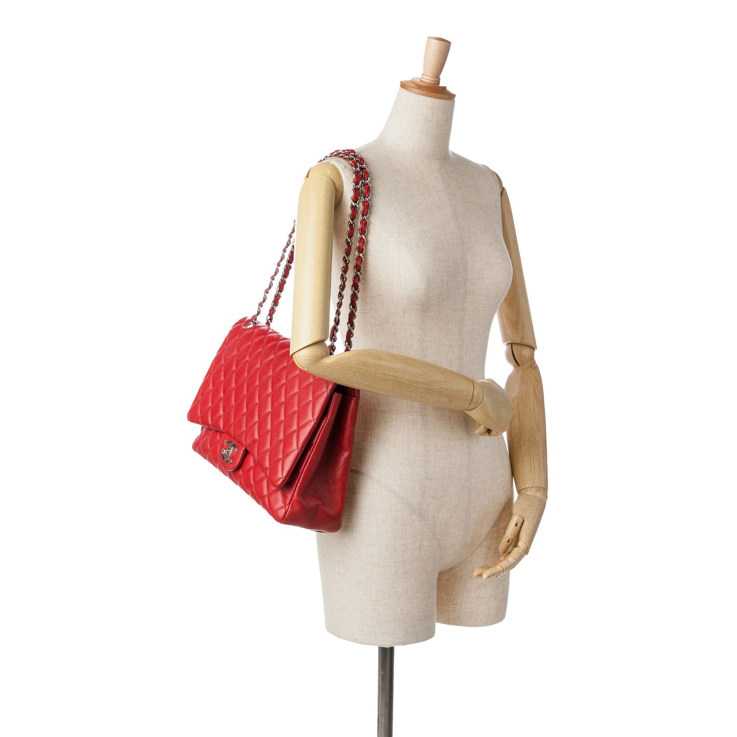 Red Chanel Maxi Classic Caviar Double Flap Shoulder Bag