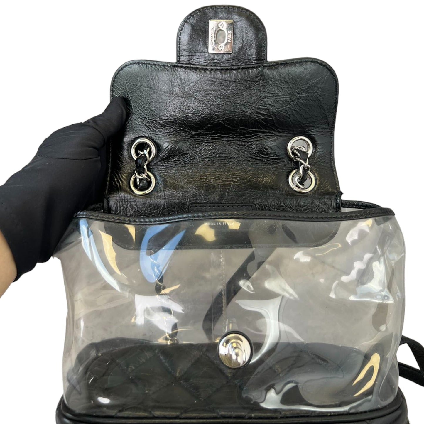 Aquarium Backpack Large Crumpled Calfskin PVC Quilted Black SHW