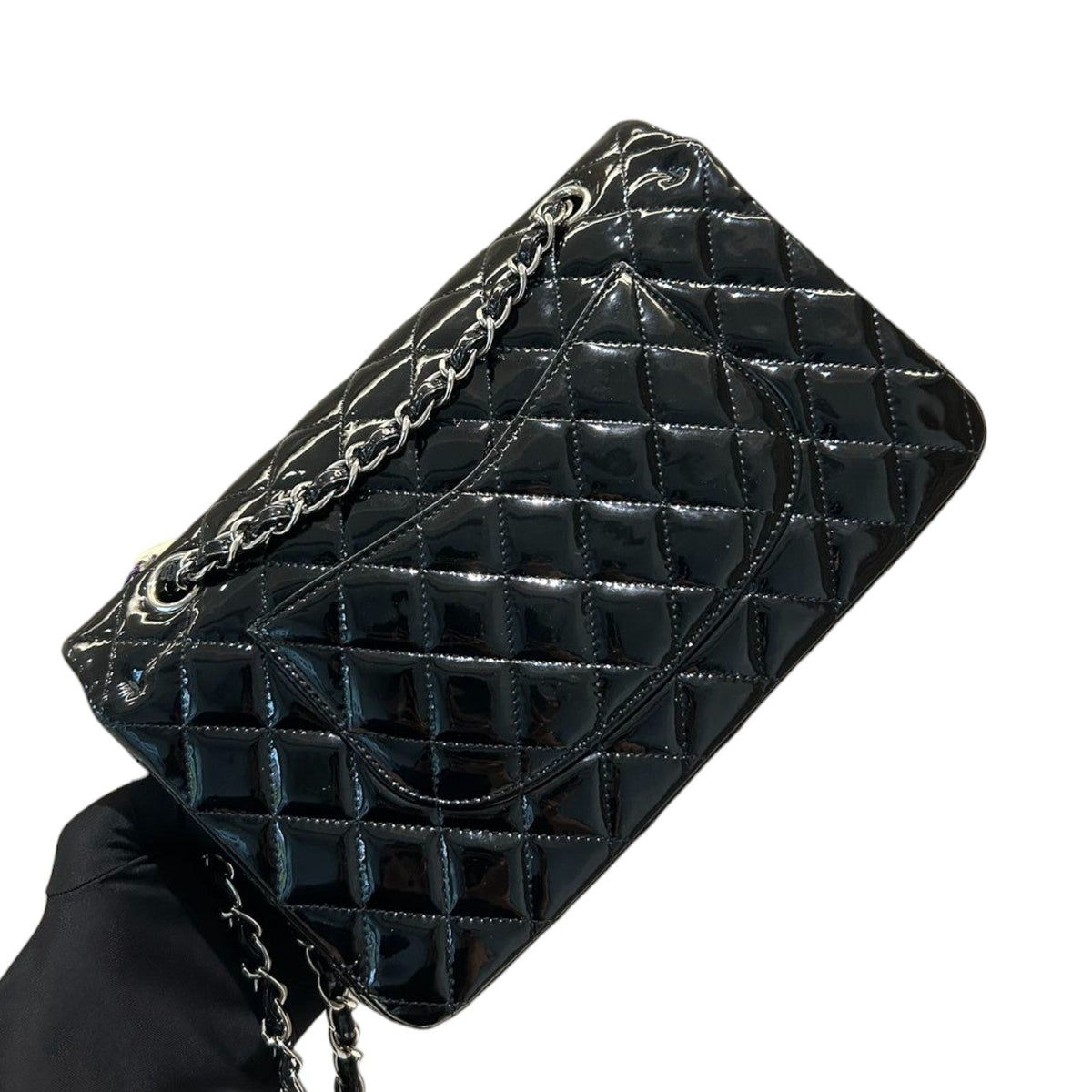 Classic Double Flap Medium Patent Quilted Black SHW