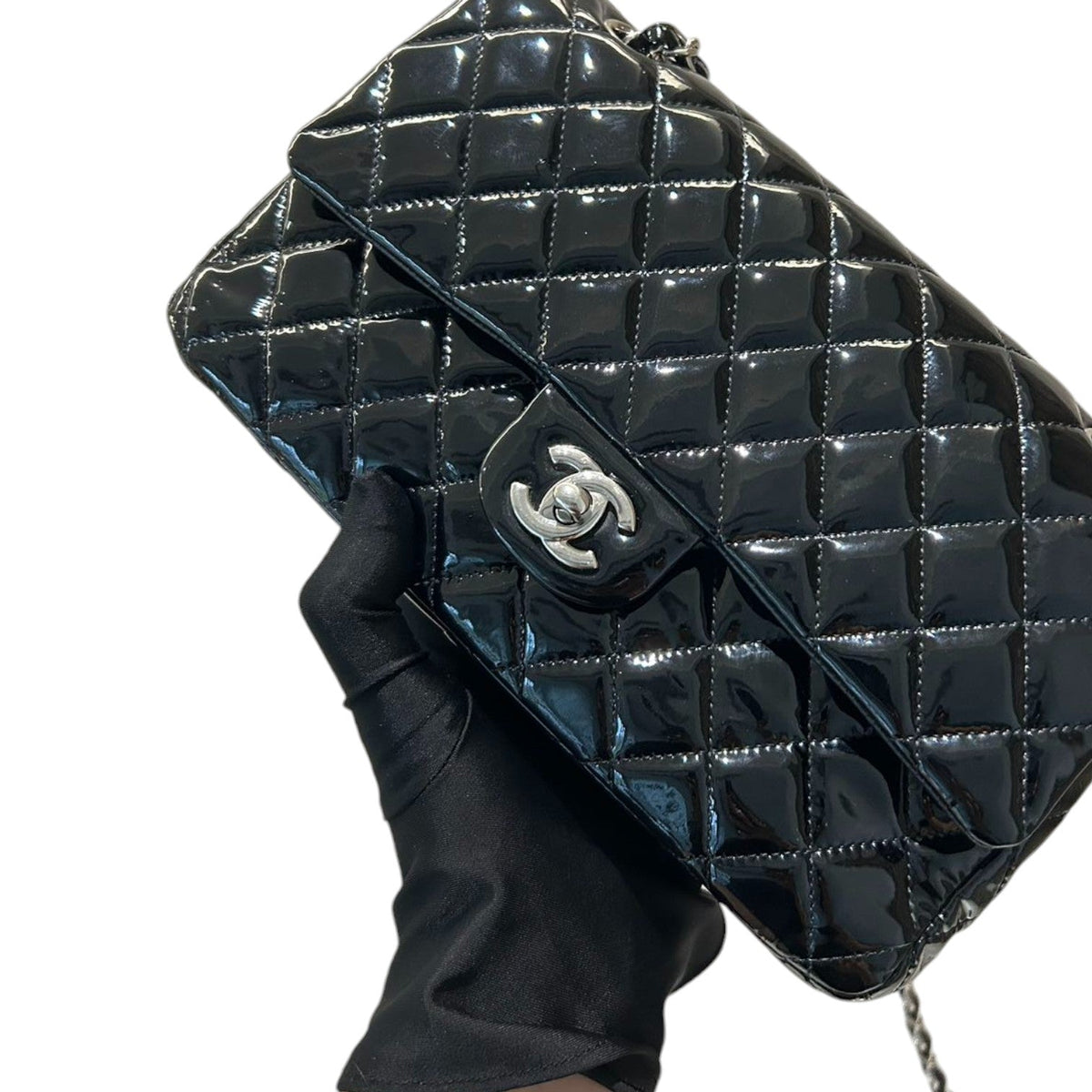Classic Double Flap Medium Patent Quilted Black SHW