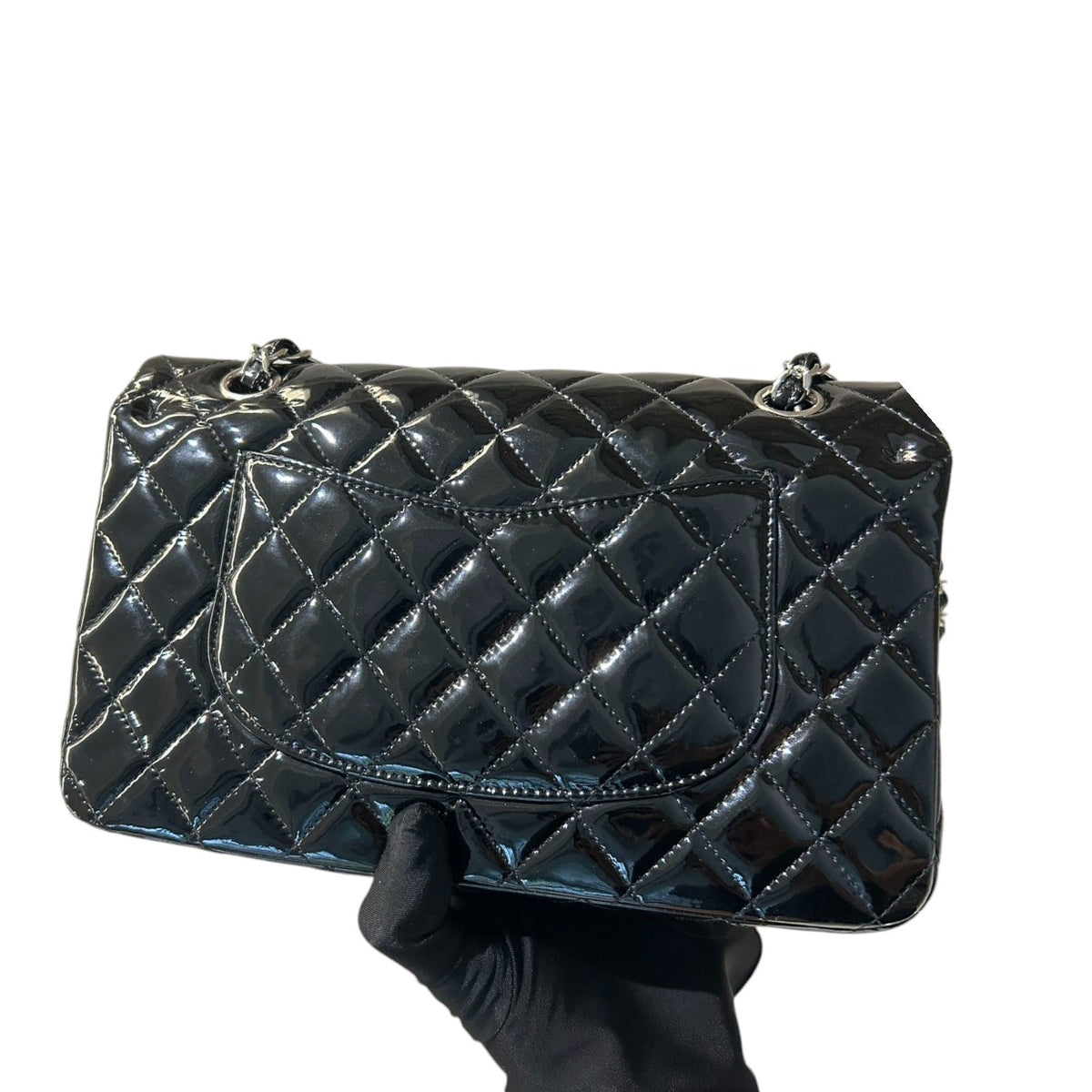 Classic Double Flap Medium Patent Quilted Black SHW