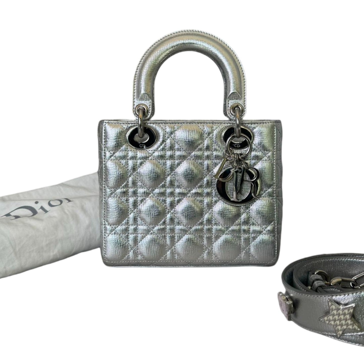 My Lady Dior Lucky Badges Small Metallic Grained Calfskin Silver SHW
